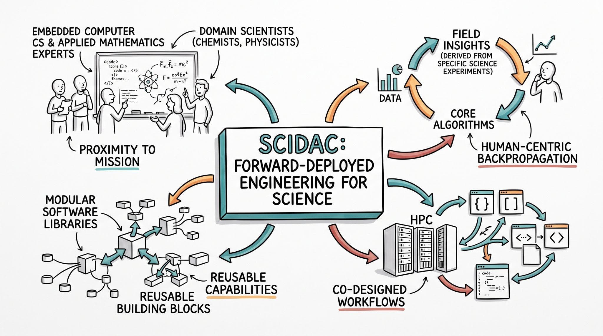 Diagram of SciDAC as forward-deployed engineering for science, connecting domain scientists, core algorithms, HPC workflows, and reusable software.